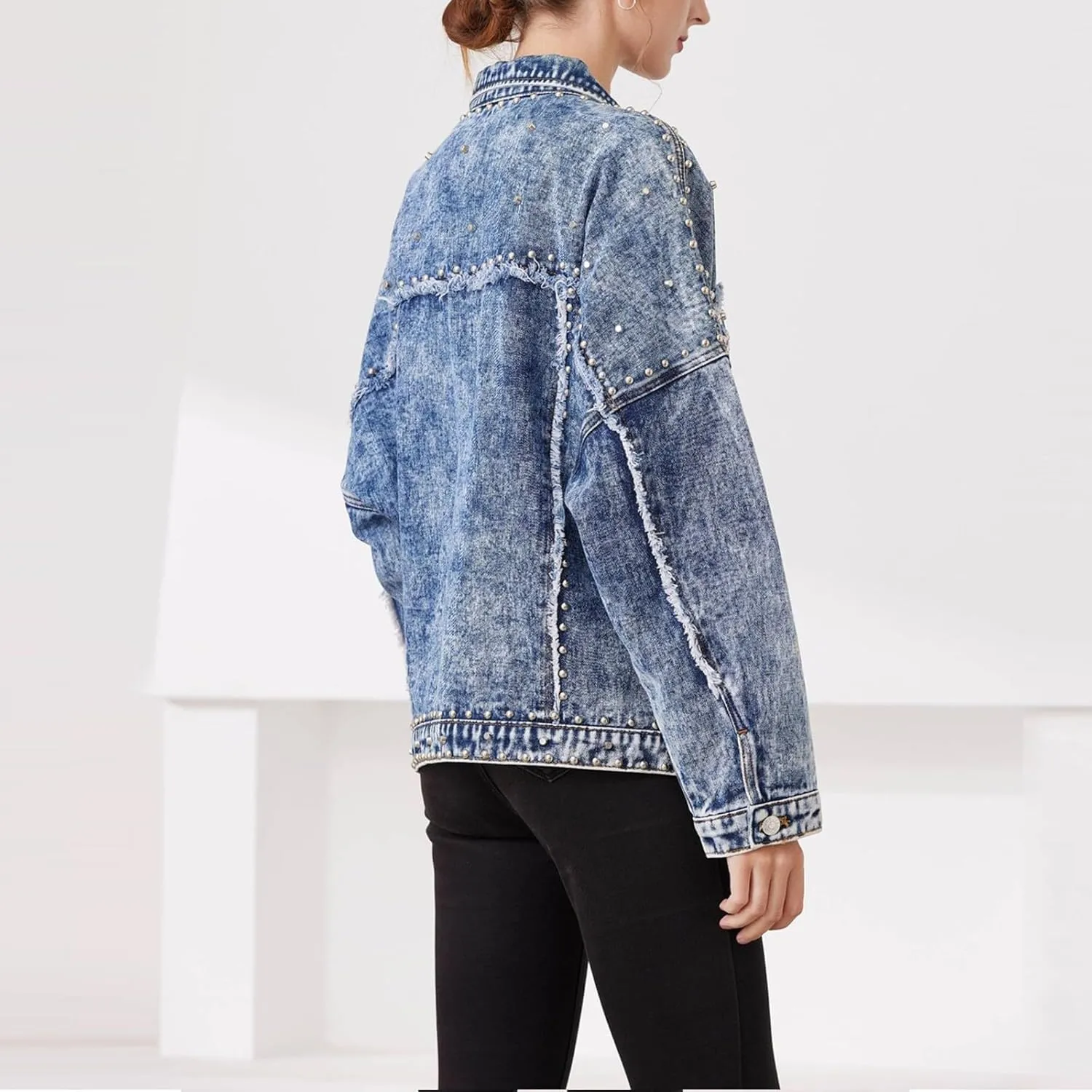 Women's Long Jean Jacket Colorblock Long Sleeve Notched Collar Coat Mid Length Button Down Denim Outwear