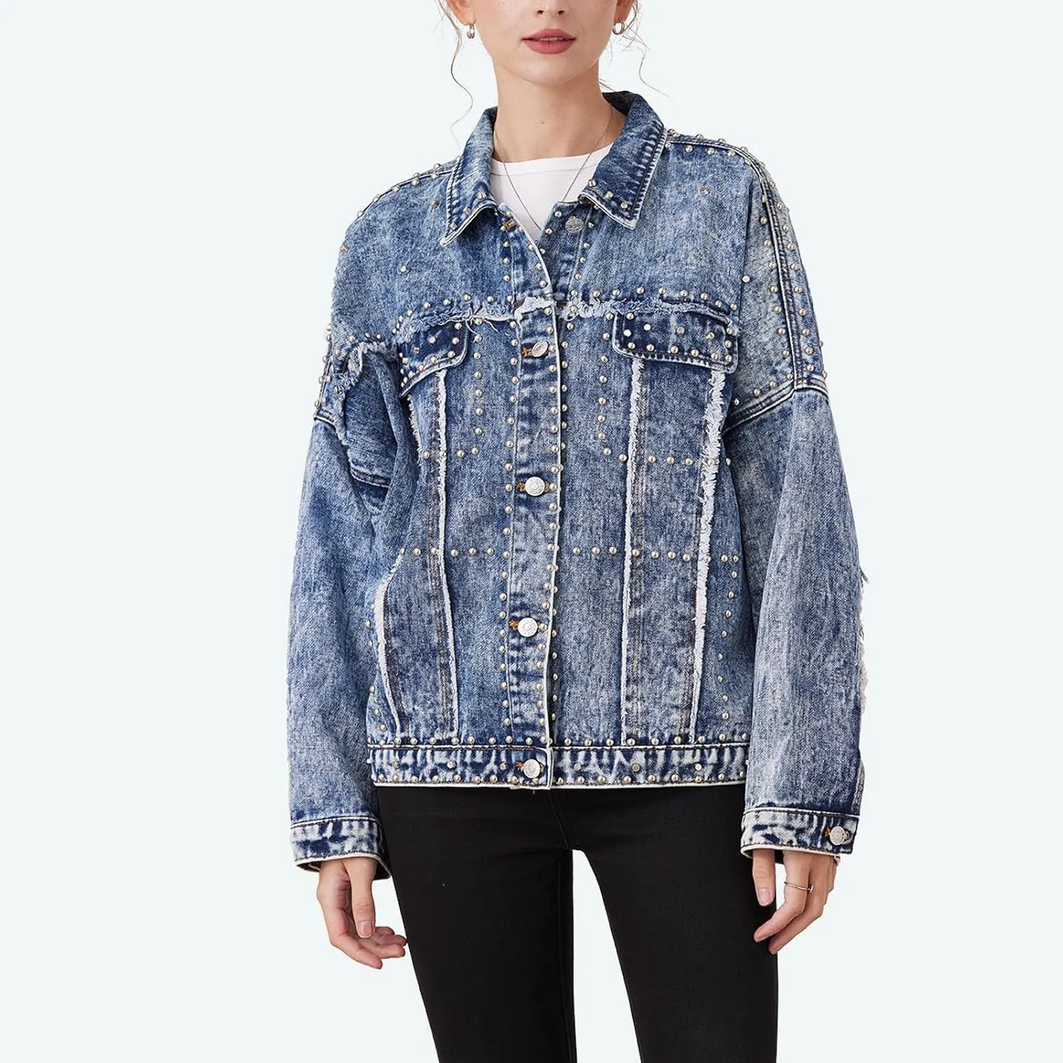 Women's Long Jean Jacket Colorblock Long Sleeve Notched Collar Coat Mid Length Button Down Denim Outwear