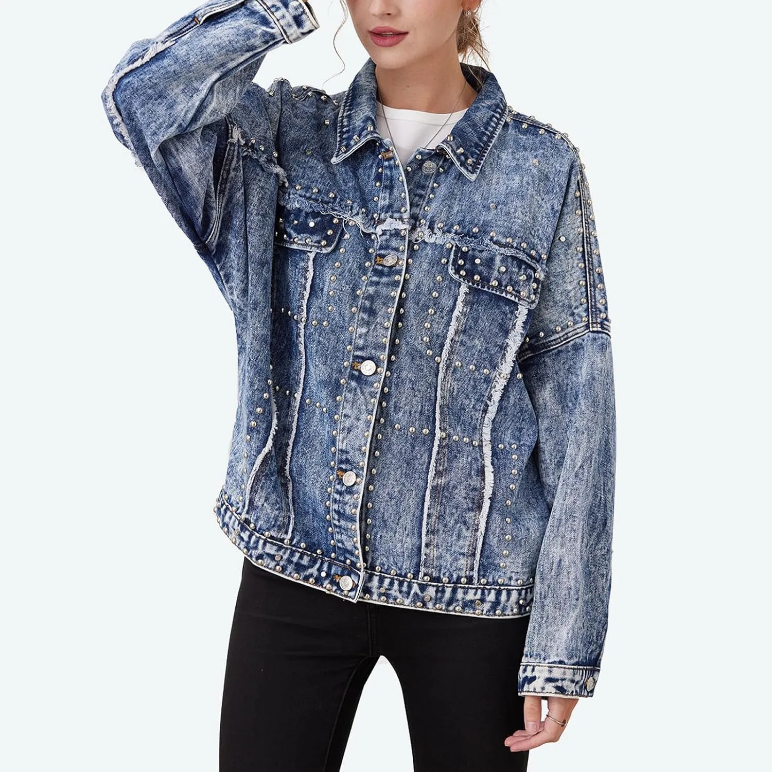 Women's Long Jean Jacket Colorblock Long Sleeve Notched Collar Coat Mid Length Button Down Denim Outwear