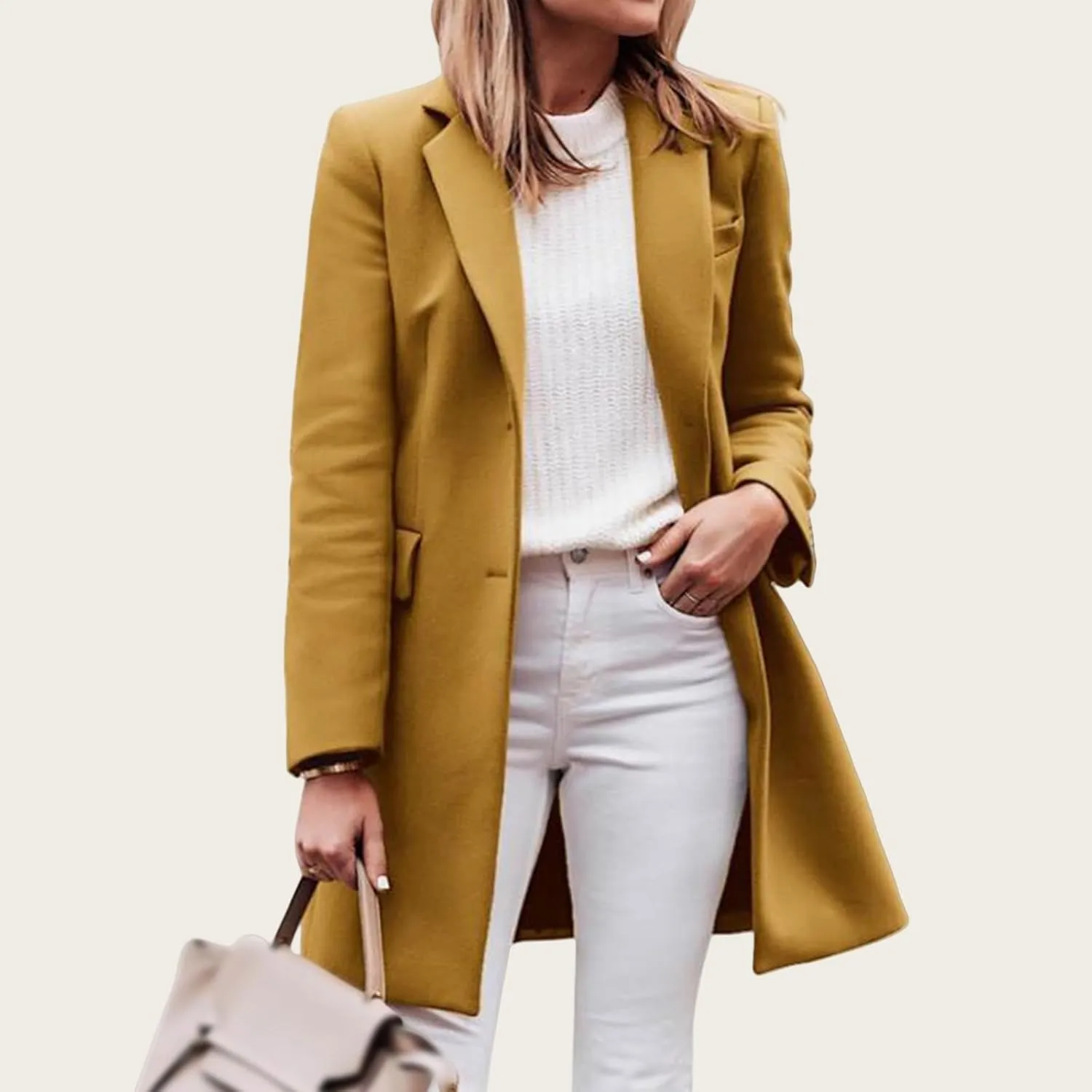 Women's Single Breasted Pea Coats Notched Lapel Collar Midi Trend Coat Winter Wool Blend Overcoat Casual Jackets