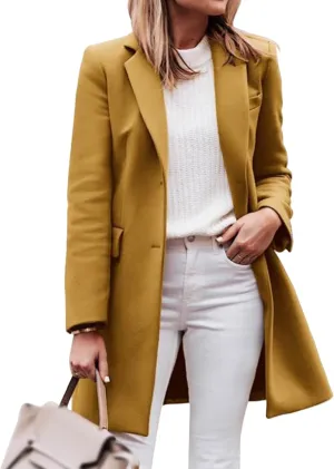 Women's Single Breasted Pea Coats Notched Lapel Collar Midi Trend Coat Winter Wool Blend Overcoat Casual Jackets