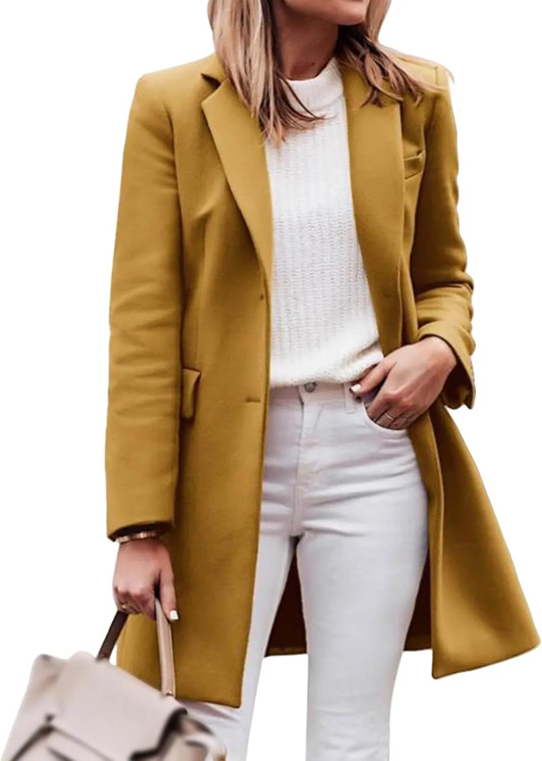 Women's Single Breasted Pea Coats Notched Lapel Collar Midi Trend Coat Winter Wool Blend Overcoat Casual Jackets