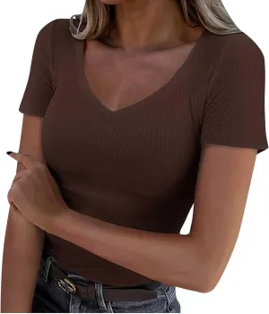 Womens Summer Tank Tops V Neck Short Sleeve Top Fashion Summer Casual Basic Slim Fit Knit Ribbed Shirt Clothes 2025