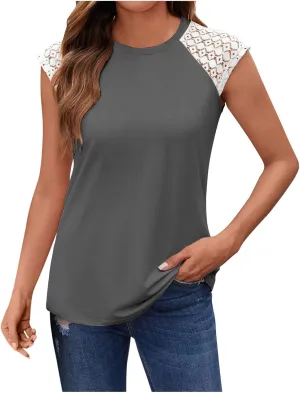 Womens Tank Tops Summer Lace Sleeveless Round Neck Solid Fashion Clothes Casual Comfy Vacation Beach Flowy Camisole